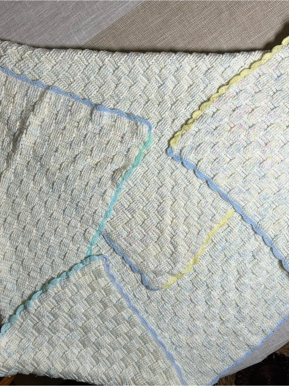 Vintage 1996 Hand Crocheted Baby Blanket Heirloom Pastel Basketweave Afghan prop